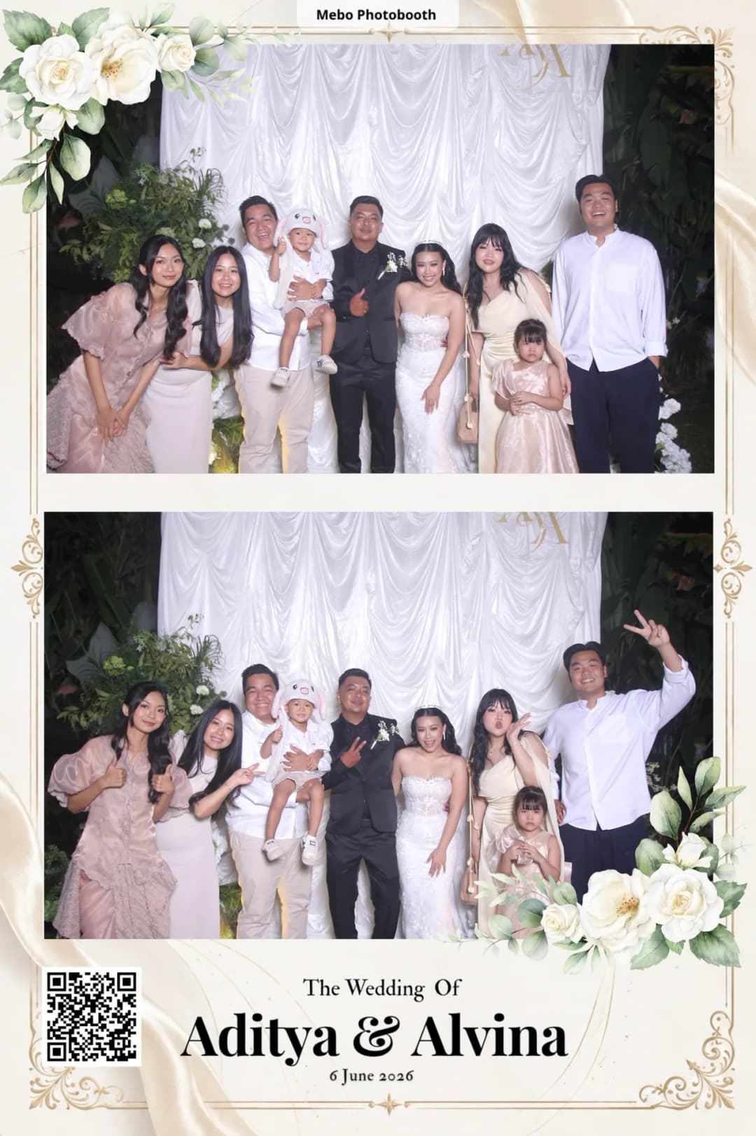 Cetakan pernikahan Aditya & Alvina: dua foto keluarga besar di depan backdrop bunga putih, dengan barcode untuk mengunduh filenya
